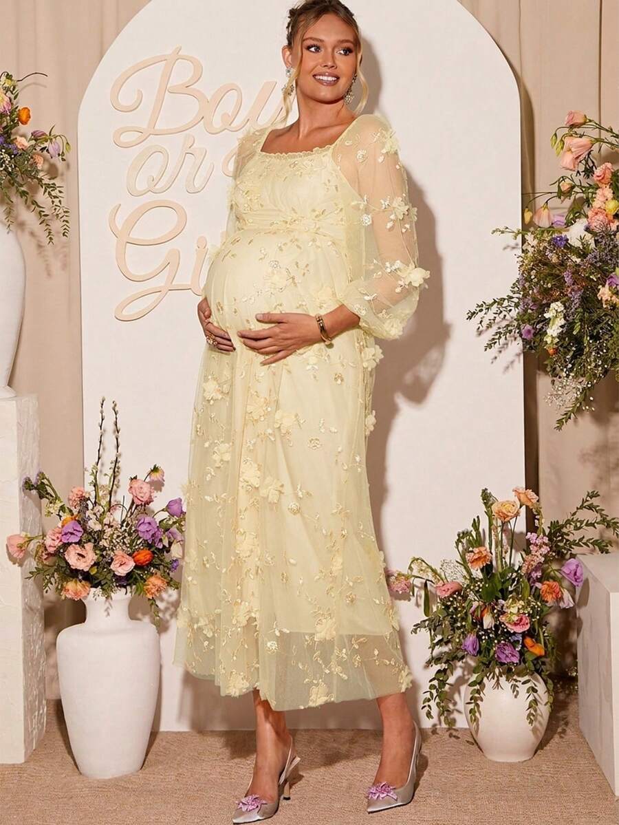 Loomaby 孕妇纯色网纱拼接贴花优雅长袖连衣裙 - 杏色 - 查看 1