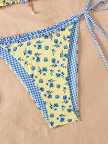 Swim Mod 新款黄色碎花女士比基尼，可爱甜美沙滩度假格子荷叶边性感泳衣，春夏款 - 彩色 - 查看 5