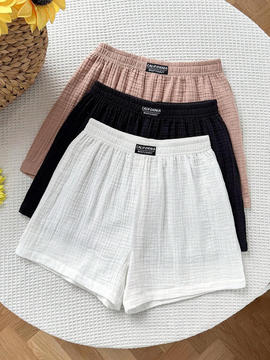 Sparklyn 3件套少女宽松休闲舒适多色纹理褶皱字母腰阔腿短裤，适合日常通勤、休闲、度假、旅行、海滩、家庭穿着 - 彩色 - 查看 1