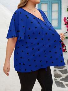 SHEIN CURVE+ Áo thun cỡ lớn CURVE PLUS /Ngày Valentine/Áo thun mùa xuân và mùa hè xếp bèo hình trái tim, Áo thun ngày Valentine - Màu xanh lam - Xem 12