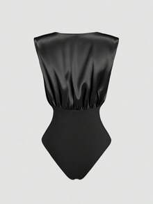 Sweetra French Mint Green Draped Neck Sleeveless Bodysuit, Elegant For Spring/Summer Commute - Black - View 2