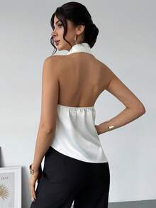 Rafferiza Elegant Sexy Metal Decor Backless Halter Neck Blouse For Summer Golf White - Beige - View 2