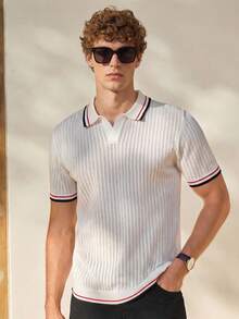 Manfinity CityGents Atasan Rajut Lengan Pendek Kasual Kancing Motif Garis Kontras Pria, Polo Rajut Kancing Gaya Kampus, Kemeja Rajut Pria - MultiWarna - View 1