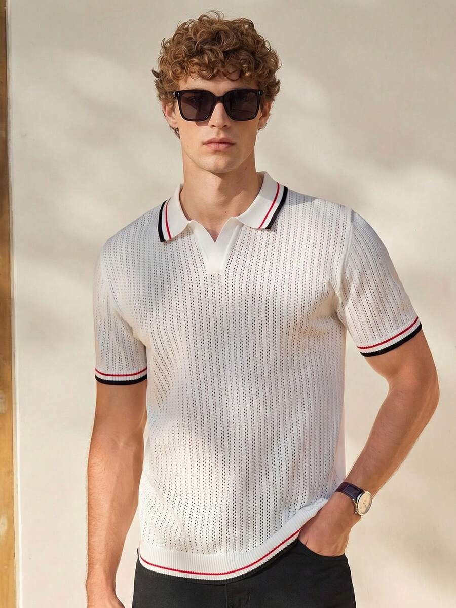 Manfinity CityGents Atasan Rajut Lengan Pendek Kasual Kancing Motif Garis Kontras Pria, Polo Rajut Kancing Gaya Kampus, Kemeja Rajut Pria - MultiWarna - View 1