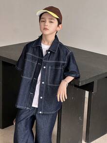 DAZY 青少年男童单排扣短袖上衣和长裤休闲牛仔套装 - 藍色 - 查看 5