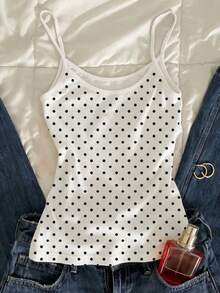 Girls' Black Polka Dot Print Long Tank Top, Versatile Layering Piece Suitable For Summer, All-Match Comfortable Daily Wear, Classic Fit For Girls And Girl - Multicolor - View 2