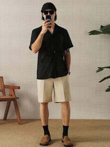 Calvornis Shorts Casual Masculina de Linho Reta e Solta, Estilo Retrô Vintage de Negócios e Transporte - Caqui - Visão 3