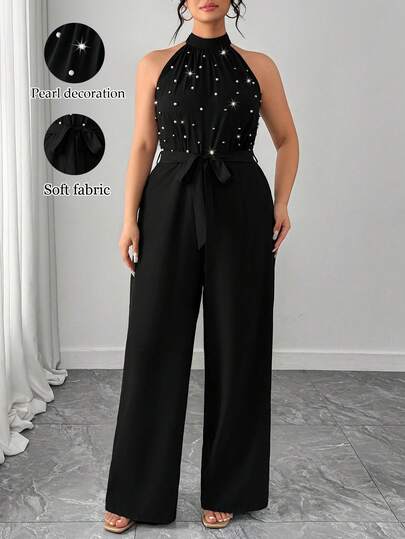 Elenzga Plus Size Women's Elegant Faux Pearl Decor Halter Jumpsuit, Suitable For Dates, Parties, Summer