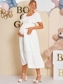 SHEIN Elegant Party Solid Color Ruffle Hem Maternity Dress,Gender Reveal Dress,Maternity Dress, Baby Shower Dress,  Luxury Evening Dresses For Women - White - View 13