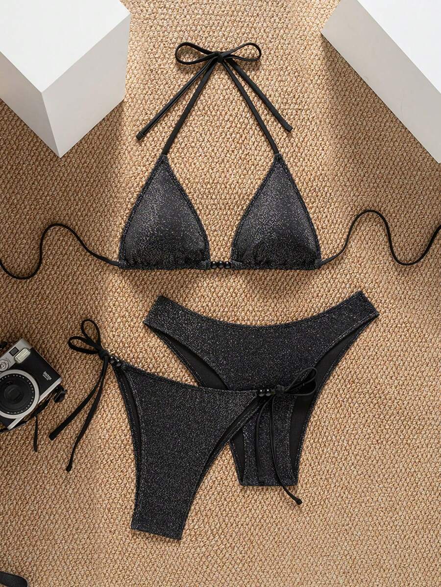 Aveloria Modichic 针织假日派对外出海滩纹理新年性感海滩冬季圣诞节爆款优雅夏季女士三件套三角杯黑白波点比基尼泳衣 - 黑色 - 查看 1