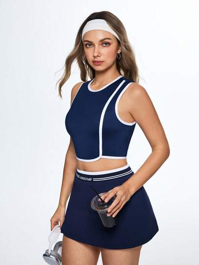 Eassivo 女士休闲撞色滚边圆领短款网球背心，夏季