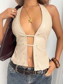Aloruh Top sin espalda de verano casual para mujer con detalle de remaches en el cuello halter - Beis - Ver 4
