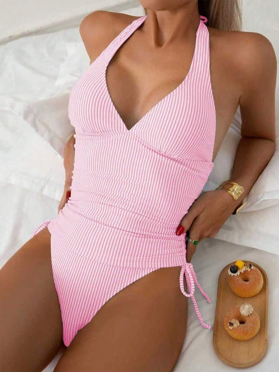 Swim Basics Bộ 2 áo bikini nữ kẻ sọc buộc eo, cổ yếm, có bèo nhún, thích hợp cho kỳ nghỉ hè ở bãi biển. - Hồng - Xem 1