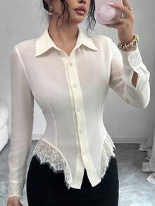 Selianne 女士优雅撞色蕾丝不对称下摆修身衬衫，适合春、夏、秋季办公室通勤穿着。 - 白色 - 查看 7