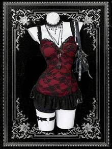Sunspun Plus Size Lace Patchwork Red & Black Contrast Camisole - Multicolor - View 1