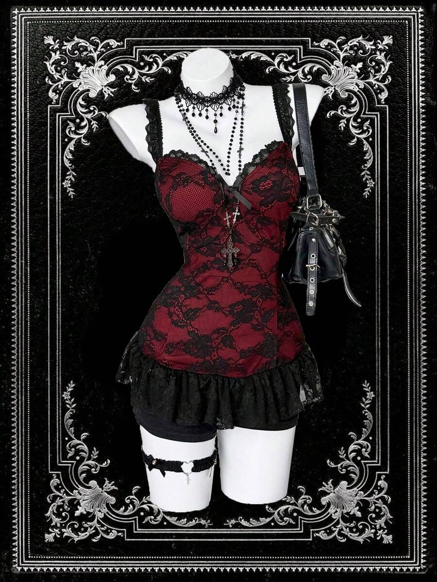Sunspun Plus Size Lace Patchwork Red & Black Contrast Camisole - Multicolor - View 1