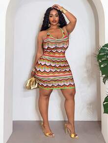 Slaydiva 2026春夏优雅通勤休闲装，生日派对、毕业典礼、学生装、日常出行、百搭基础款、休闲度假、邮轮旅行、海滩、日光浴、爆款、商务休闲、简约休闲度假外出女式糖果钩针露背吊带迷你连衣裙，无袖露背条纹针织修身短裙，夏季海滩风情 - 彩色 - 查看 11