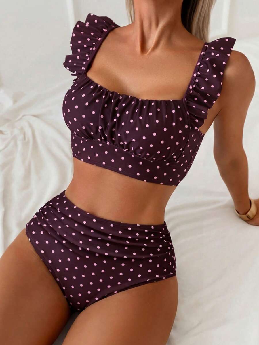 Swim Basics Bộ đồ đi biển mùa hè dành cho nữ, kiểu dáng thanh lịch tối giản, màu đen trắng chấm bi, gồm áo hai dây xếp ly phía trước và quần tam giác cạp cao xếp ly. - Nhiều màu - Xem 1