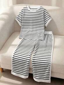 少女休闲百搭日常穿搭黑白撞色圆领插肩袖T恤+直筒针织裤套装 - 黑與白 - 查看 5