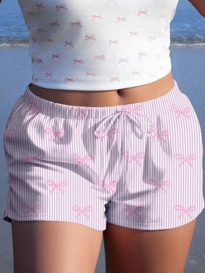 Veykashi Pantalones cortos holgados con estampado de rayas y lazo para mujer talla grande, para uso casual, vacaciones y viajes diarios