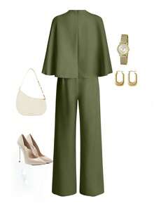 Pariaura 女士优雅法式圆领收腰连体裤，冬季收腰显瘦休闲装 - 軍綠色 - 查看 2