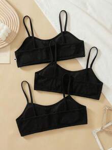 3pcs Teen Girl French Minimalist Padded Knit Comfortable & Skin-Friendly Lingerie Set - Black - View 2
