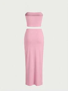 SHEIN 少女粉色热带印花度假风修身抹胸上衣和长裙两件套 - 粉色 - 查看 2