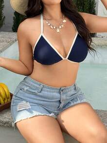 Swim SXY 大码女士夏季性感蓝白撞色泳衣上装，休闲挂脖系带三角罩杯设计，适合海滩度假和假日派对 - 藍色 - 查看 5