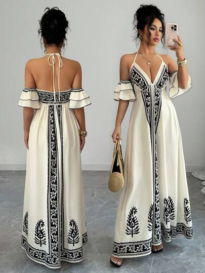 SHEIN Raffinéa Đầm đi nghỉ mát in họa tiết phong cách Bohemian hở vai tay bồng thời trang dành cho nữ