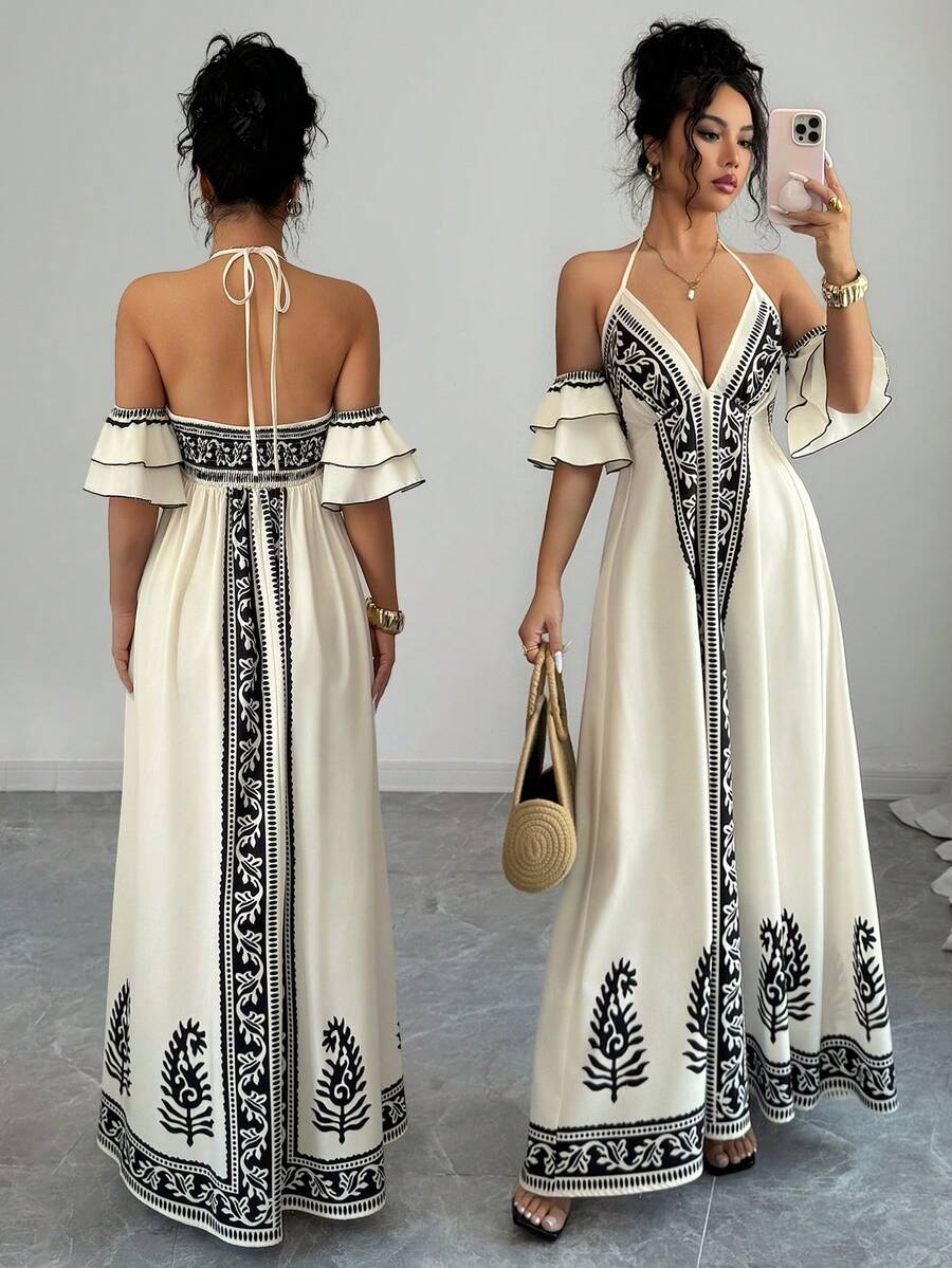 SHEIN Raffinéa Women's Fashionable Bohemian Style Open Shoulder Ruffle Sleeve Printed Vacation Dress - Apricot - View 1
