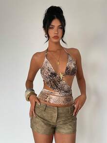 Aloruh Top de mujer de punto de malla estampada con cuello halter y espalda descubierta, verano boho playa vacaciones festividades, fiesta elegante clubes, lujo noche graduación baile de graduación - Multicolor - Ver 4