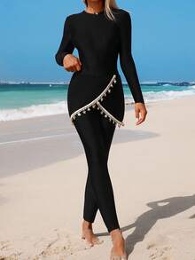 Swim Mulvari Bộ đồ bơi Burkini 2 mảnh màu trơn dành cho nữ, tay dài, có khóa kéo, gồm quần dài và váy. - màu đen - Xem 8