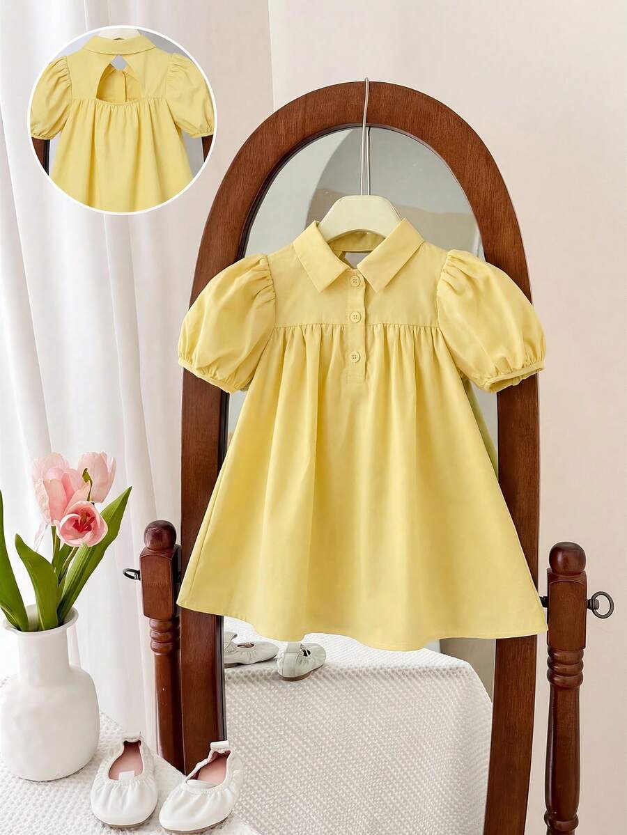 SHEIN LMoss Kids 女婴可爱绿色短袖翻领连衣裙,夏季 - 黃色 - 查看 1