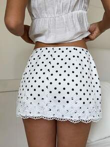 CovetEZ 女士休闲波点印花蕾丝边半身裙，夏季 - 黑與白 - 查看 4