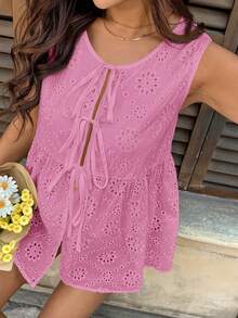 SHEIN Maternity Vacation Floral Embroidery Front Tie Sleeveless Shirt - Pink - View 7