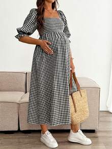 SHEIN Đầm bầu kiểu vintage giản dị, phong cách nghỉ dưỡng, cổ vuông, tay bồng, in họa tiết, thích hợp cho mùa xuân/hè/thu. - Đen và trắng - Xem 5