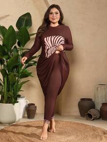 Swim Mulvari Women's Plus Size Casual Multicolor Graphic Knitted Long Sleeve High Neck Burkinis - Multicolor - View 5