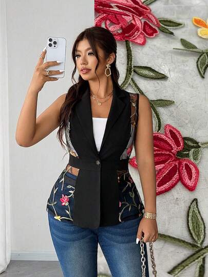 Elenzga 플러스 사이즈 여성 봄/여름 신상 패션 우아한 블랙 패치워크 컬러풀 레이스 자수 민소매 오픈 프론트 허리 피트 얇은 블레이저