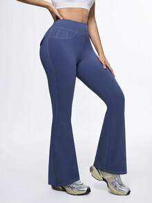 Eassivo Quần thể thao nữ ống loe, cạp chun, họa tiết chữ cái, túi nắp gập, kiểu dáng thường ngày. - Màu xanh lam - Xem 4