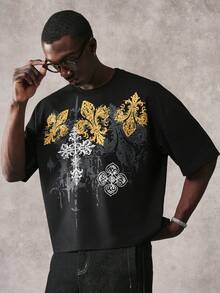 STYNVO Men's Casual Cross & Iris Graphic Loose Fit T-Shirt, Fashionable Street Style For Summer - Black - View 2