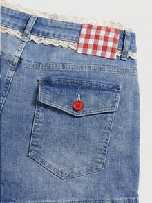 Sweetness Shorts vaqueros de talla grande con bloques de color, diseño campestre dulce para primavera/verano - Azul - Ver 8