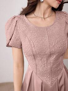 Modelyn Vestido corto de manga de concha, elegante, de unicolor, con estampado jacquard y satén empalmado - Rosa vieja - Ver 2