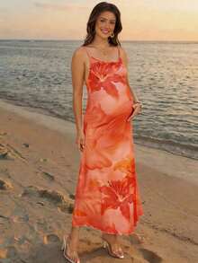 SHEIN 孕妇夏季海滩度假印花无袖连衣裙 - 橘色 - 查看 3