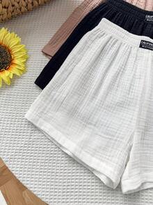 Sparklyn 3件套少女宽松休闲舒适多色纹理褶皱字母腰阔腿短裤，适合日常通勤、休闲、度假、旅行、海滩、家庭穿着 - 彩色 - 查看 4