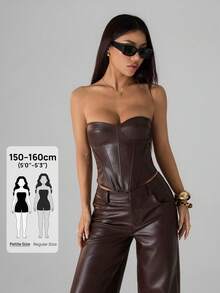 SHEIN PETITE 女士棕色时尚性感派对PU抹胸露脐上衣，皮革束身衣，棕色上衣，夜店上衣，派对上衣，皮革上衣，夏季上衣，抹胸束身衣，万圣节上衣，圣诞节上衣，新年上衣 - 酒紅色 - 查看 12