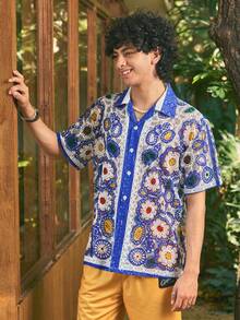 Open Phase 男女通用印花衬衫，米色上衣，几何图案，波西米亚风，夏威夷风，情侣衬衫，格子镂空，休闲外向，年轻人，休闲度假衬衫，情人节礼物，短袖，夏威夷风 - 藍色 - 查看 5