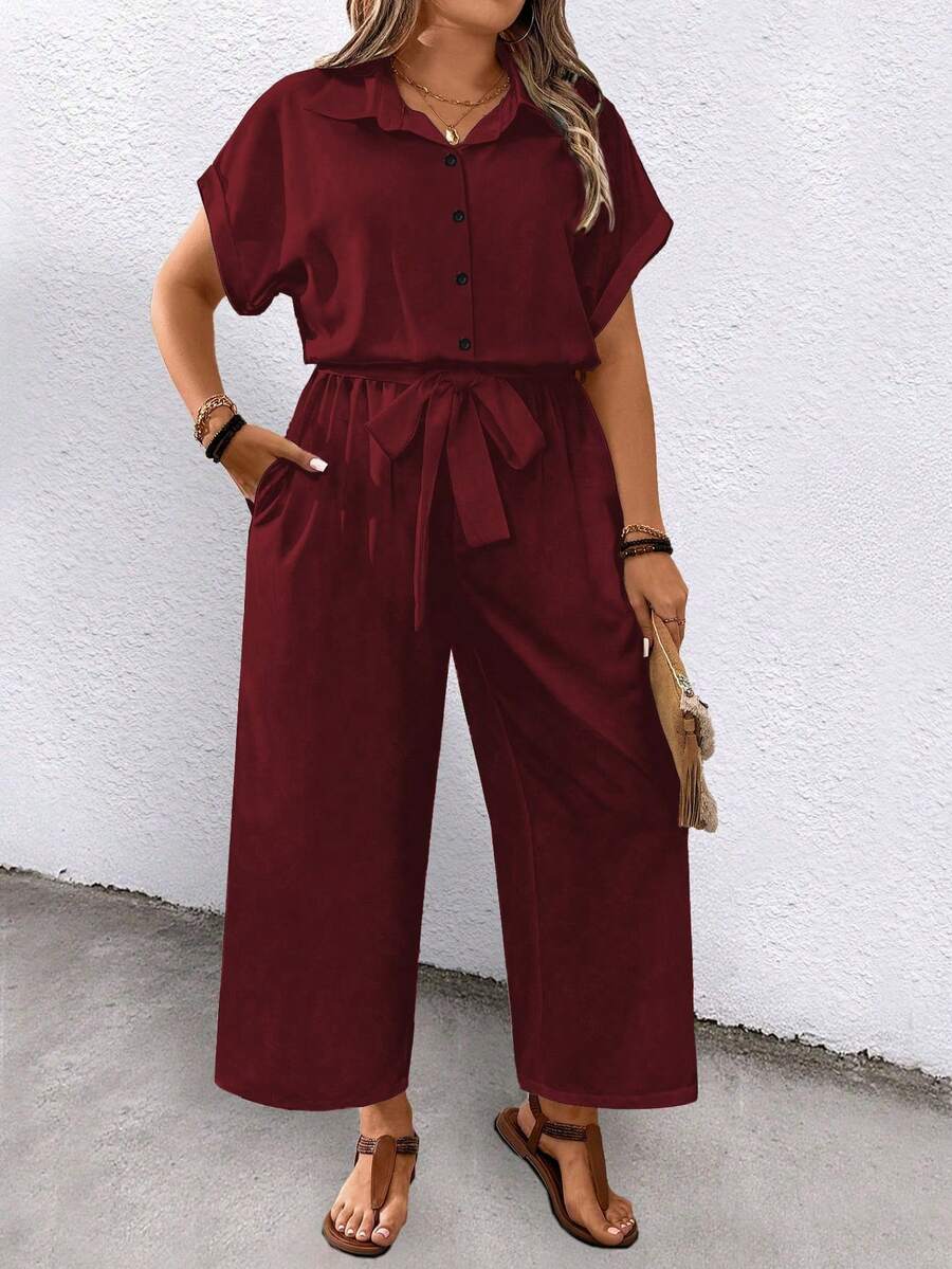 EMERY ROSE Plus Size Printed Tie-Waist Short Sleeve Jumpsuit - Burgundy - View 1