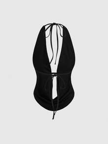 ROMWE Avant Women's Sexy Deep Draped Neck Tie-Up Top And Low-Waist Tight Flare Pants 2 Pieces Set, Spring/Summer - Black - View 6