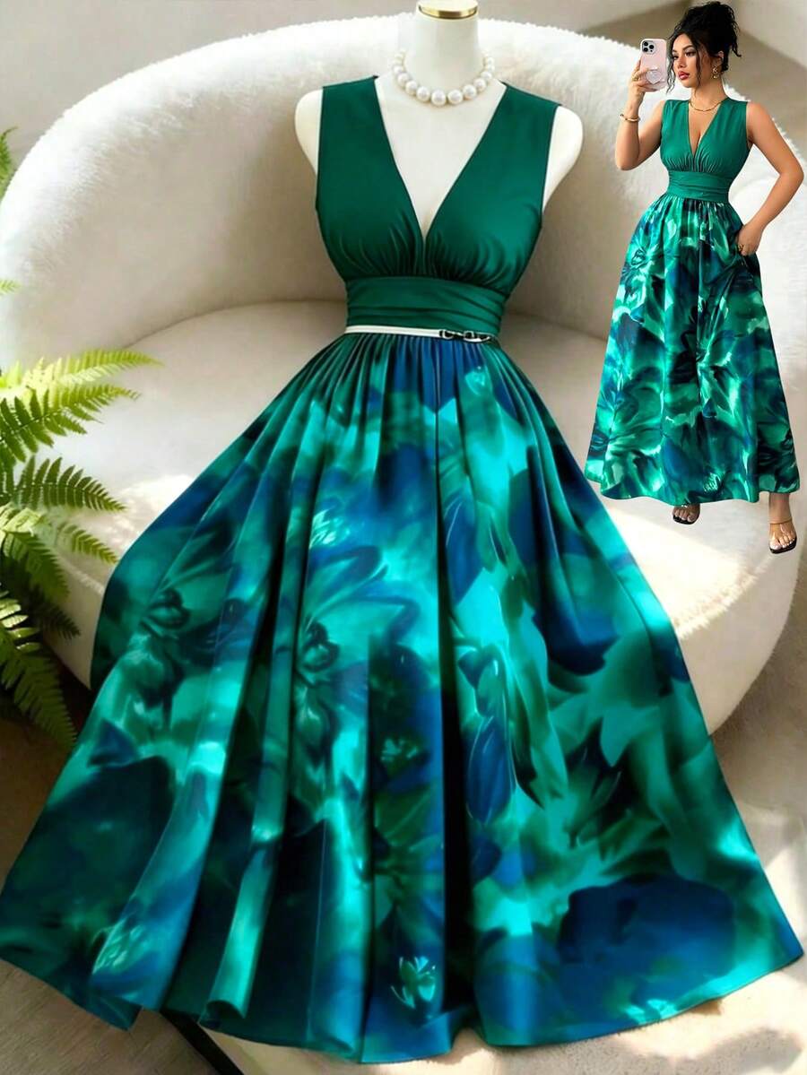 Elenzga New Sleeveless Woven Printed Dress With Drawstring Waist Design, Elegant Vacation Style Versatile Dress For Women - Multicolor - View 1