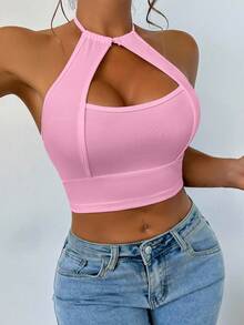 VaVaBold Women's Watermelon Pink Knitted Halter Cut Out Micro Crop Tank Top Casual Plain Design - Watermelon Pink - View 4